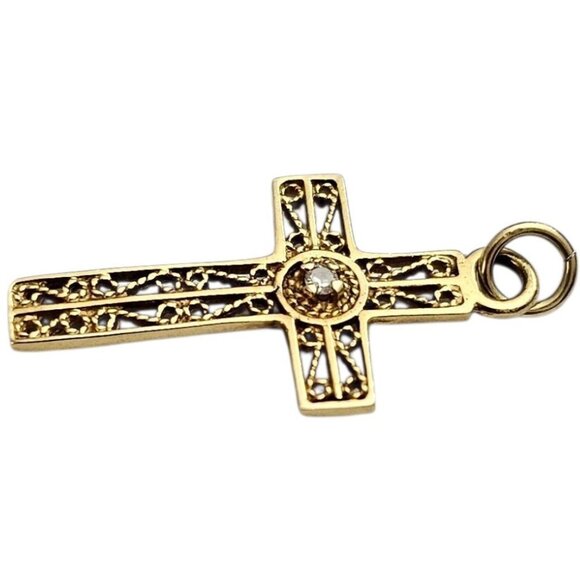 14K Yellow Gold Diamond Chip Filigree Cross Pendant - Picture 4 of 11